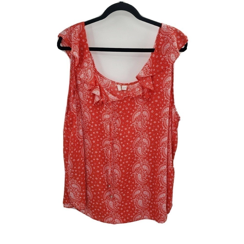 Cato Ruffle Sleeve Tank Top Womens Plus Size 26 28 Red White Floral Paisley Tie